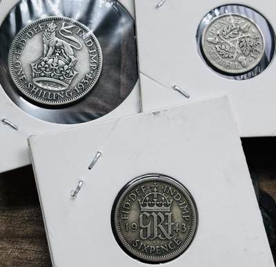 文馨钱币收藏第 298 场，长期接代拍业务 - 英国乔治五世，六世时期 3 便士 6 便士 1 先令银币 3 枚，5.6 克 1.4 克 2.8 克 500 银