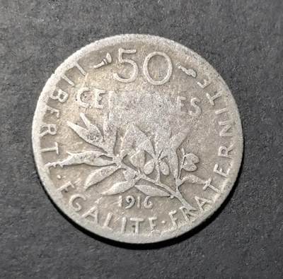 外国优质老铜币银币苏联纪念章，每周六晚九点倒数截拍，满百包邮可寄存，持续收拍 - 法国1916 年 50 生丁银币，正面是播种女神形象，背面环绕 “自由平等博爱” 铭文，百年银质小币，设计经典，见证法兰西第三共和国时期历史，收藏趣味十足。