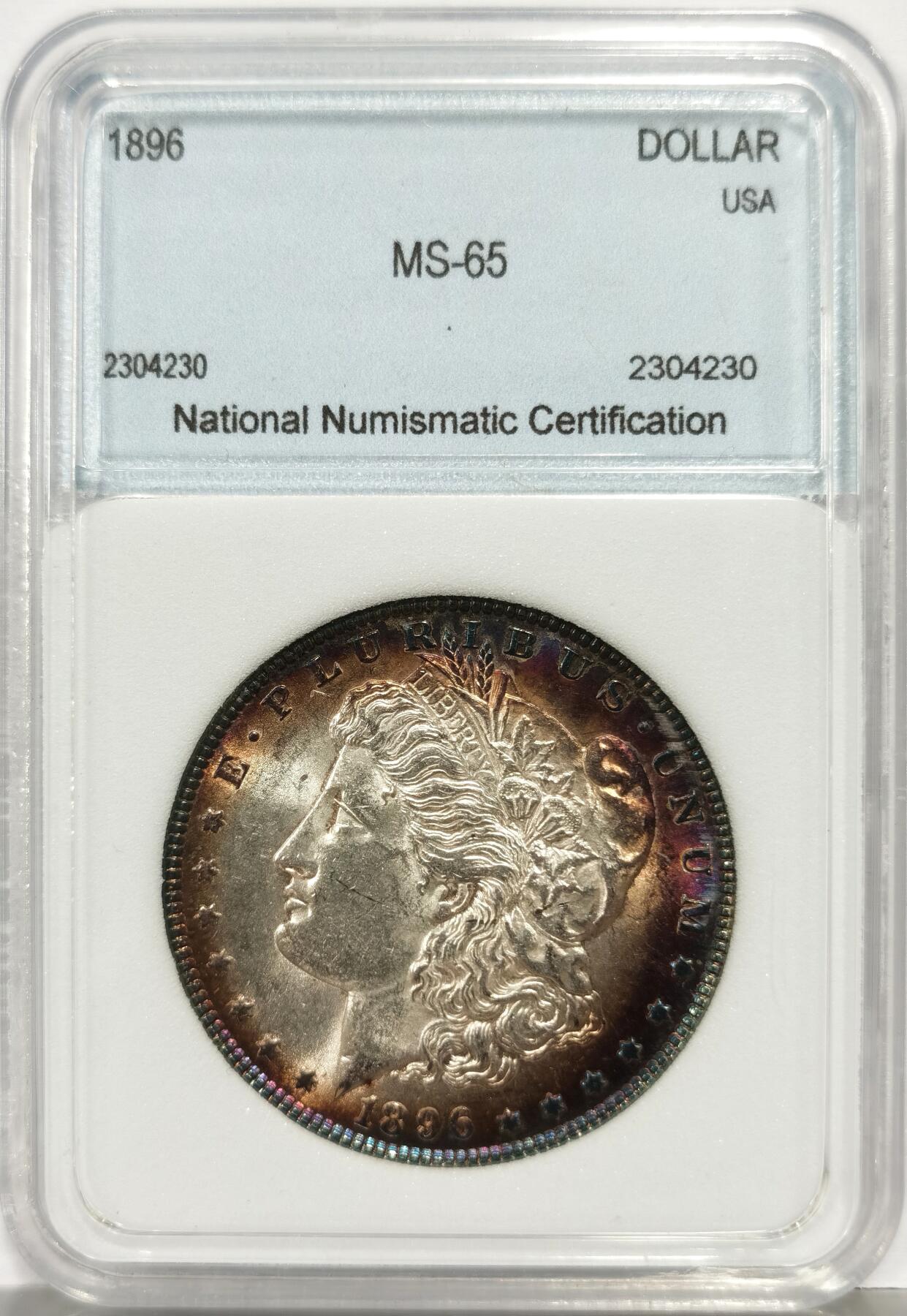 博洋堂“芳菲春韵”3月精品大拍专场暨第166期（全场包邮） NNC MS65 美国1896年摩根女神银币，正面极品炫彩包浆