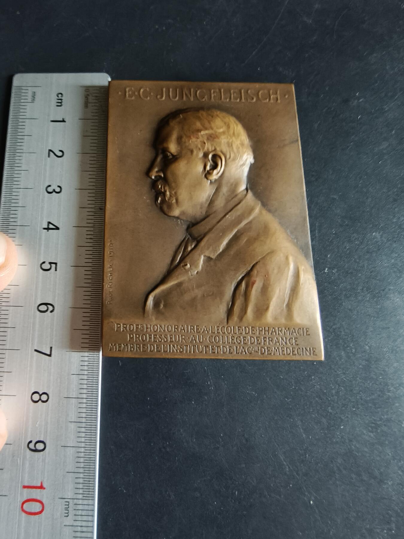 老王徽章第190期 法国化学家埃米尔·克莱门特·容弗莱施方形大铜章     该教授为法兰西科学院院士    章牌背面描绘了科学与理性化身的女神注视着在工作室实验台前工作的教授      保罗·里歇尔作品      高浮雕     尺寸50×70mm