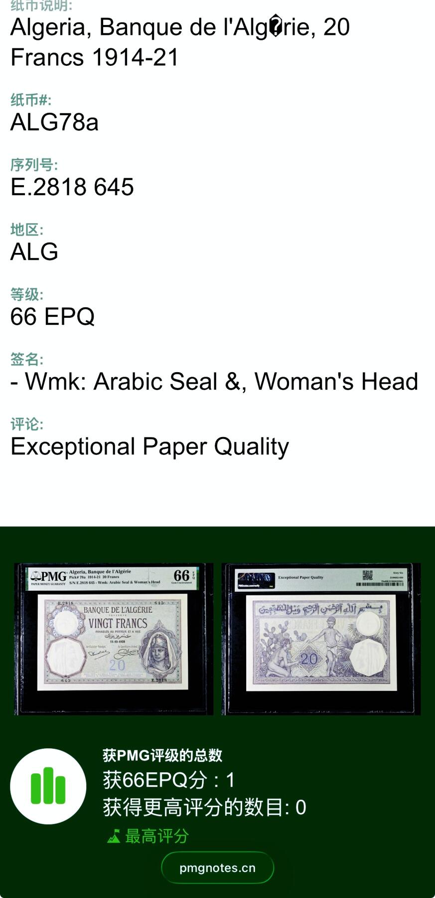 【Blue Auction】世界纸币精拍第801期——18级TOP拍卖/信誉/品质/专业/高效💫 【唯一冠军分】阿尔及利亚 1928年20法郎 PMG66EPQ 