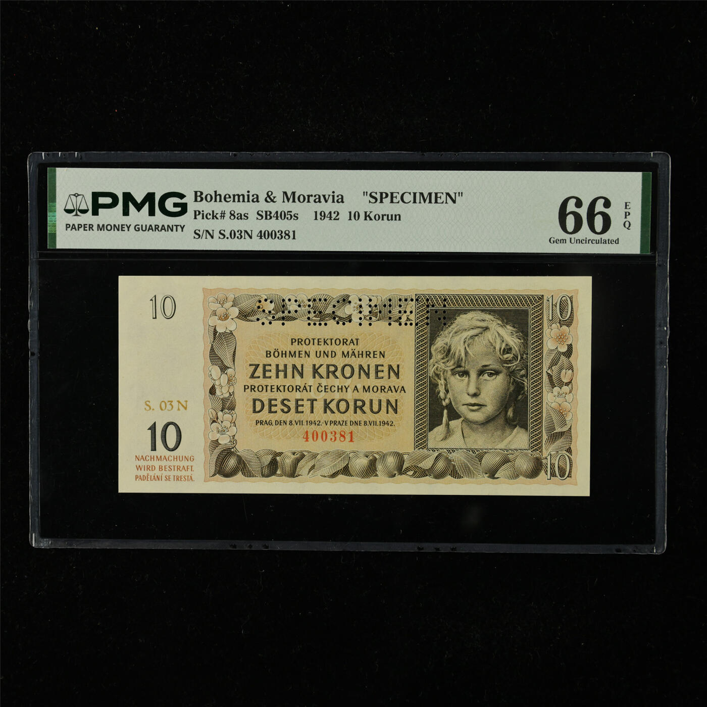 【亘邦集藏】第224期拍卖 1942年 波西米亚和摩拉维亚样钞10克朗 PMG 66EPQ S.03N 400381