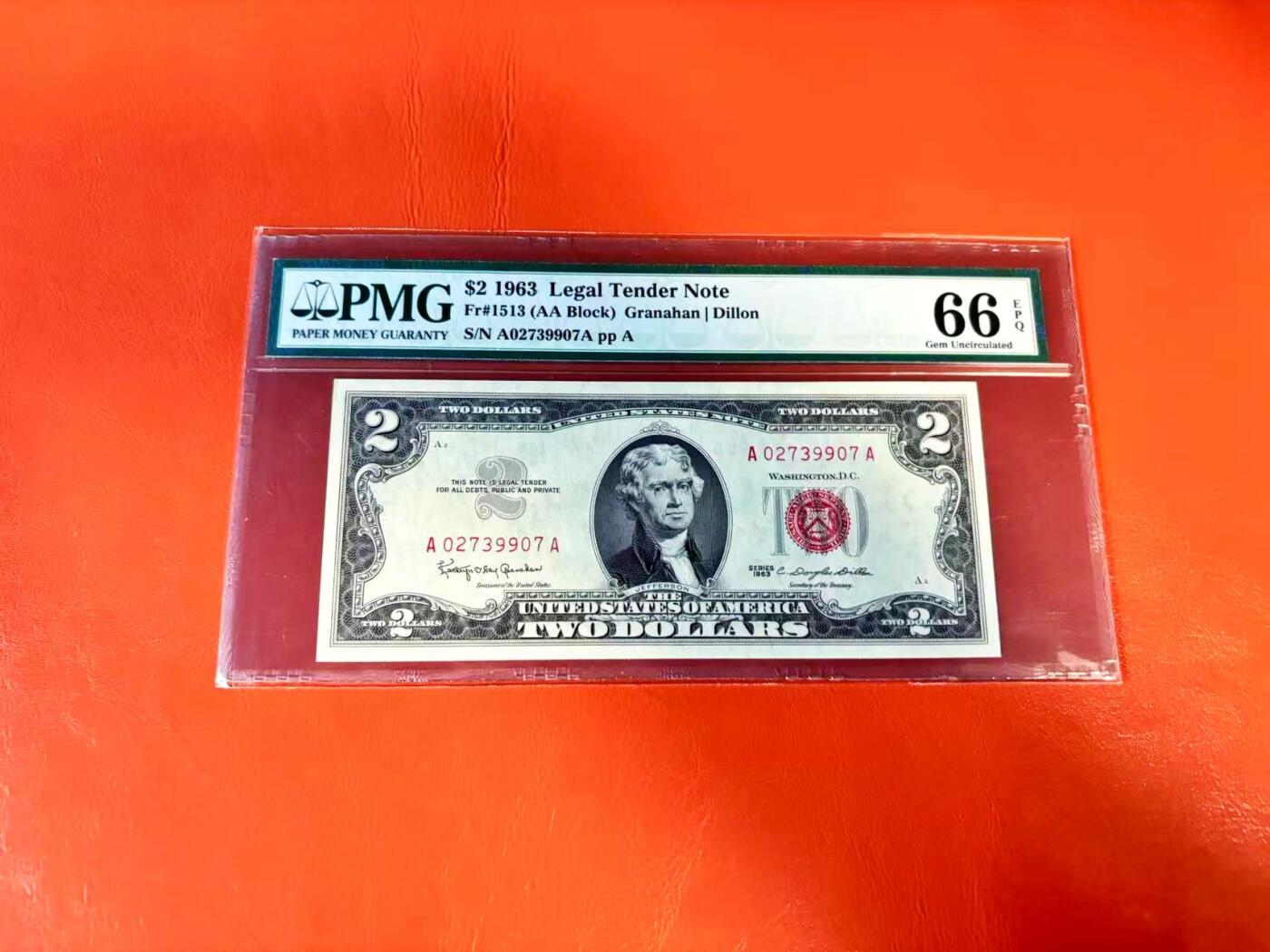 【Blue Auction】世界纸币精拍第801期——18级TOP拍卖/信誉/品质/专业/高效💫 【AA】美国 1963年 2美金 PMG66EPQ 