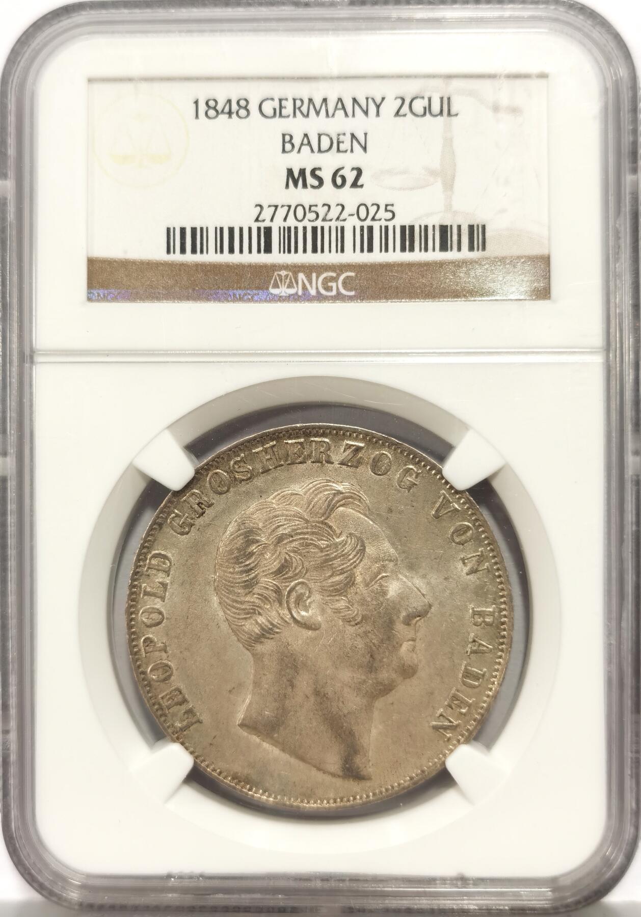 博洋堂“芳菲春韵”3月精品大拍专场暨第166期（全场包邮） NGC MS62 德国巴登1848年双狮鹫2古尔登大银币 NGC亚军分 仅两枚更高 老盒严评 底板接触痕很少 非常好的状态 与一般63相差不大