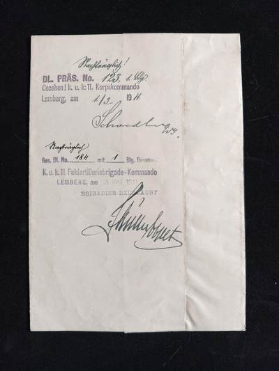 凯旋世界勋赏（第23期）（欢迎送拍）（对拍品有疑问请询问客服，不接受到手刀，出价默认拍品品相。请认真阅读拍卖规则！出价默认已认可！）（收到货请录制开箱视频，无视频概不处理问题。） - 奥匈帝国 玛利安/条顿 十字勋章的备案以及核准 1911年 由时任上校 安东·鲍尔 亲笔签名签发（图1），发给第11军团司令部，并由第11野战炮兵旅司令部相关长官 亲笔签名批准（图2）