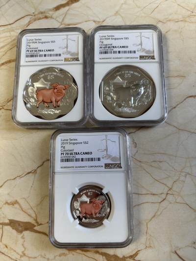 第194期拍卖 - 新加坡2019年十二生肖猪年银币3枚套NGC-PF69，PF70-2枚，1盎司/1盎司/1/4盎司，999银，发行2000套