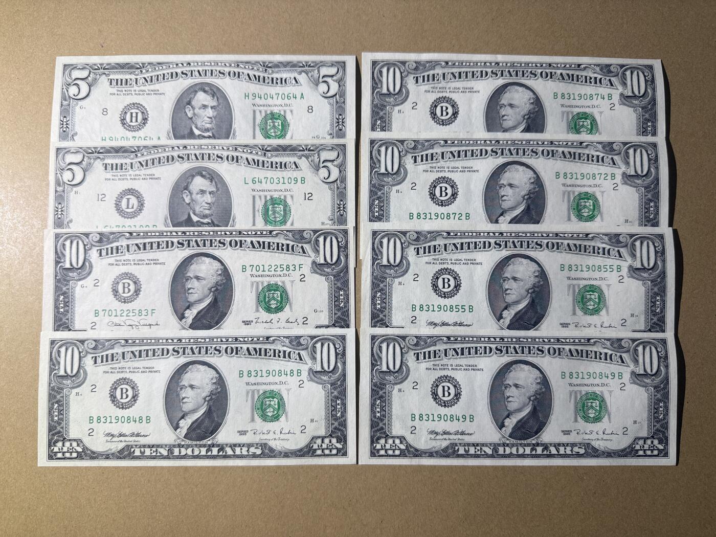 《艾美收藏》第238期-3.29周日外币畅拍场 美元8张 UNC 5美元2张、10美元6张 个别边缘轻微荧光