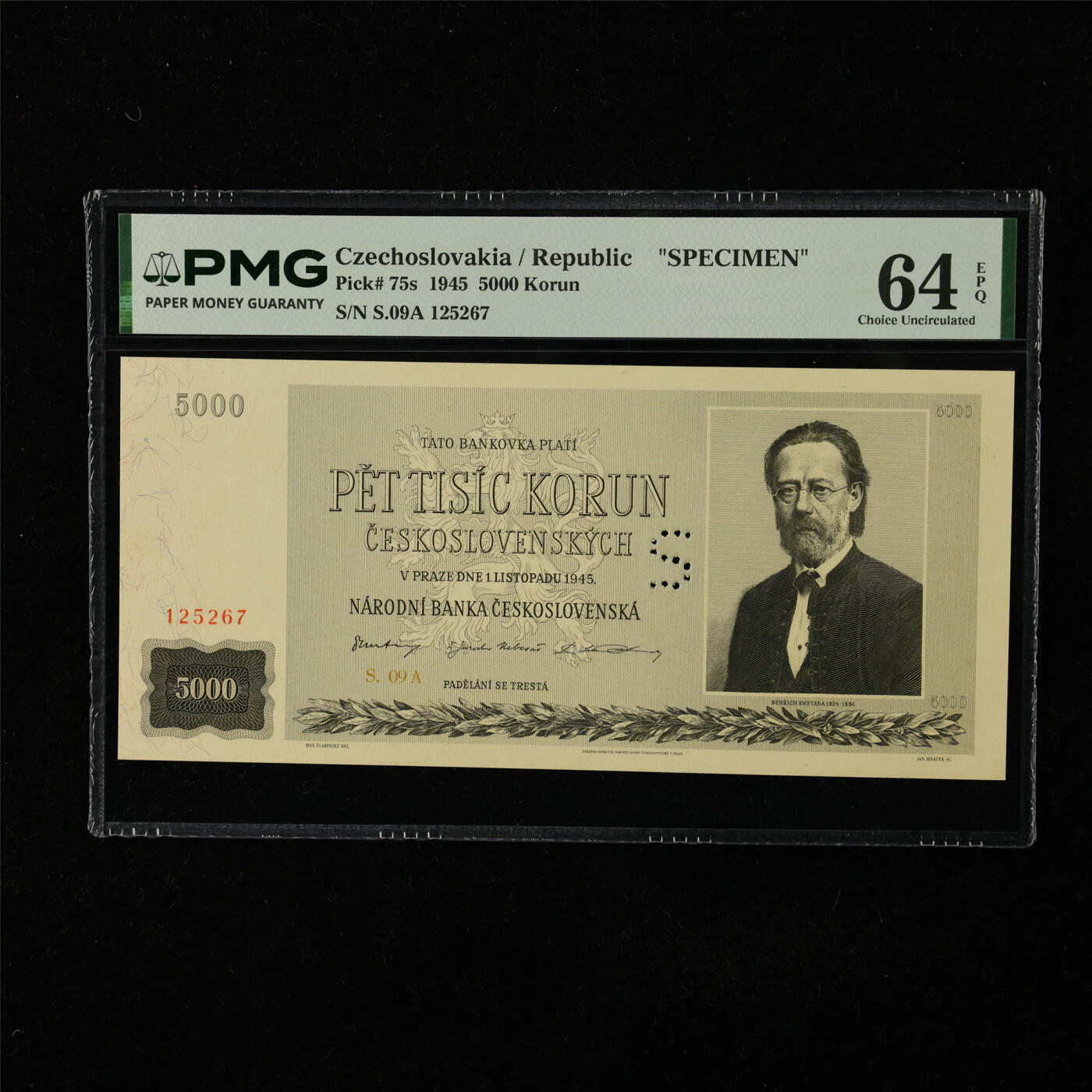 【亘邦集藏】第224期拍卖 1945年 捷克斯洛伐克共和国样钞5000克朗 PMG 64EPQ S.09A 125267