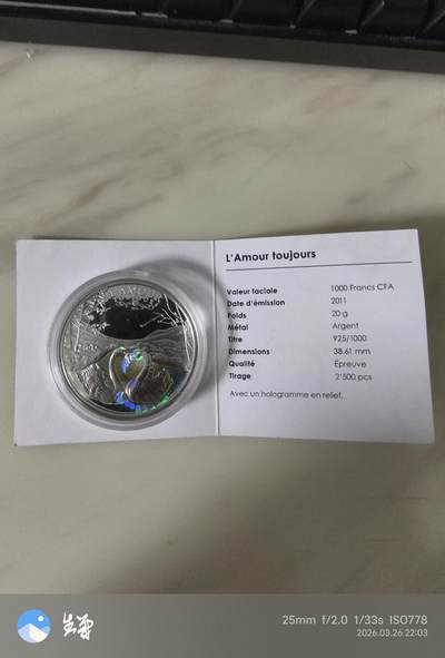 昊象达收藏银币拍卖第6场 - 2011年喀麦隆925银20克相爱永远天鹅幻彩银币