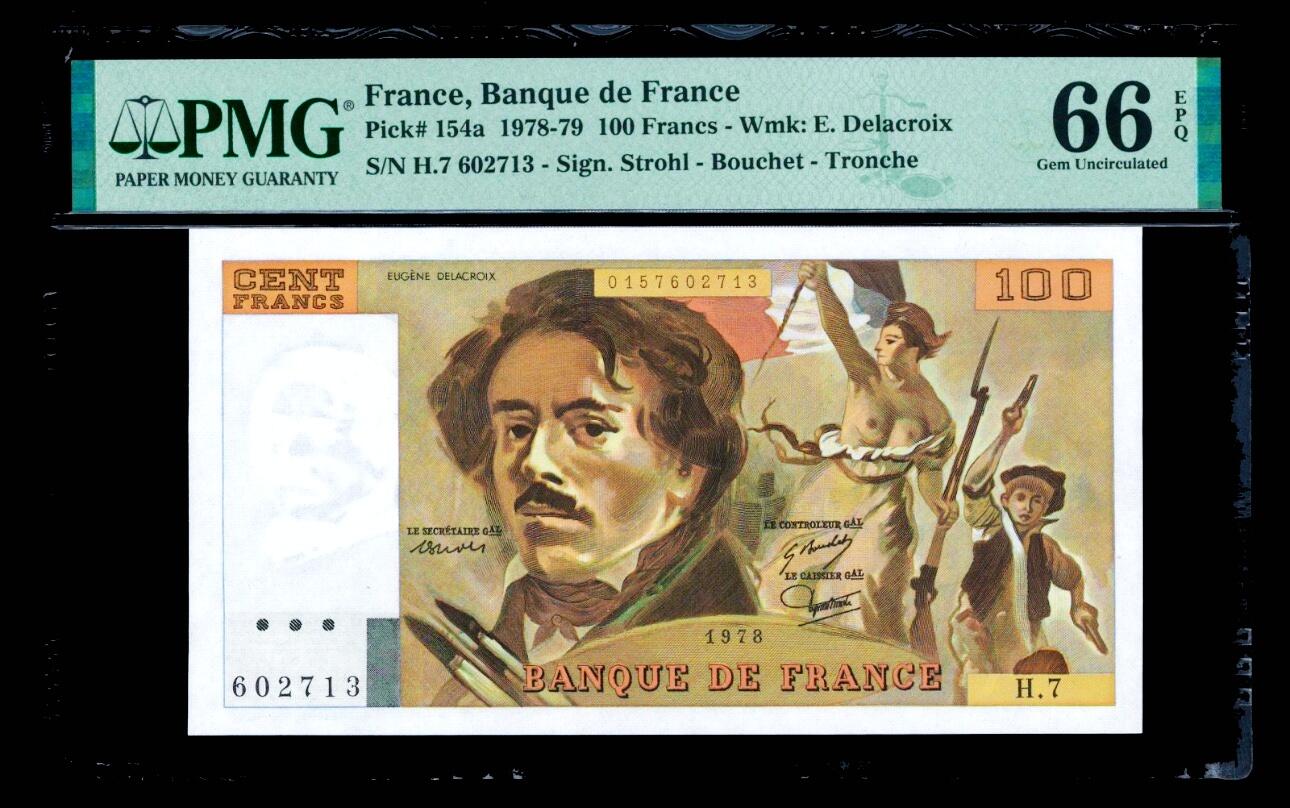 【Blue Auction】世界纸币精拍第801期——18级TOP拍卖/信誉/品质/专业/高效💫 【a版首年】法国 1978年100法郎 自由引导人民 PMG66EPQ 