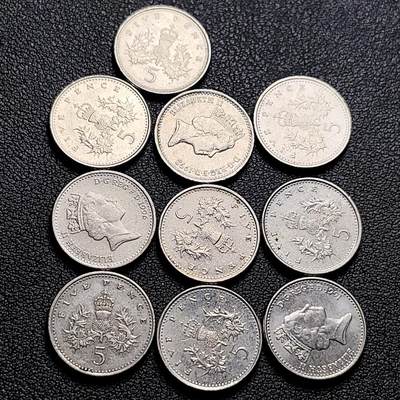 泉币菌-第216场-拍品多 请提前出价 - 高币值 10枚一组 小版 英国大5便士镍币 皇冠蓟草
