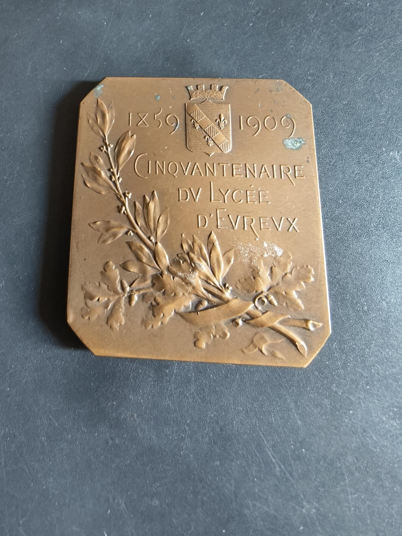 老王徽章第190期 法国埃夫勒中学成立50周年方形大铜章    正面描绘了在书桌上思考的女性    大师亨利·杜布瓦作品     尺寸45×52mm     重量60g