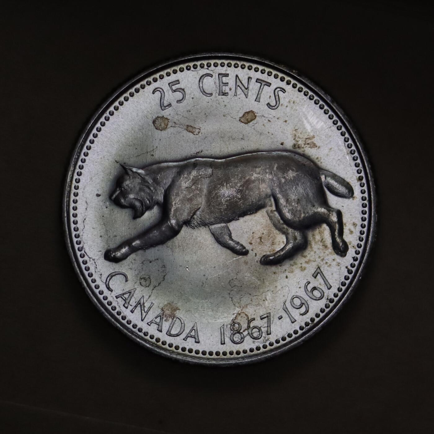 观钱 近现代机制币拍卖No.006（全场顺丰包邮，不区分偏远地区）  加拿大 1967 年联邦百年 25 分猞猁纪念银币 卷拆全新未使用