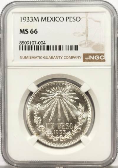 博洋堂“芳菲春韵”3月精品大拍专场暨第166期（全场包邮） - NGC MS66 墨西哥1933年1比索银币，早期年份，极品车轮光
