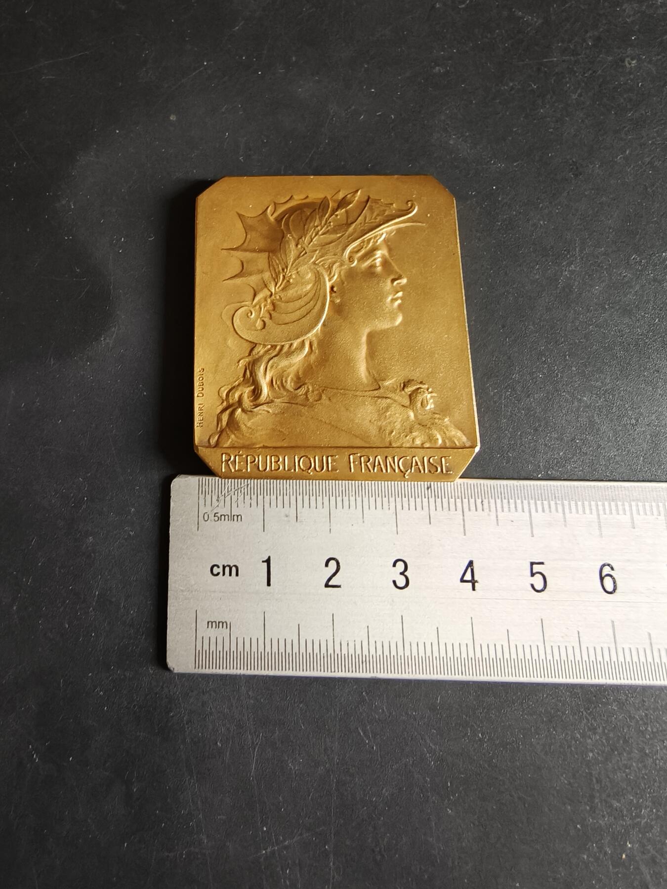 老王徽章第190期 法国卡尔瓦多斯省省长赠送方形镀金大铜章     戎装玛丽安娜   大师亨利·杜布瓦版本      尺寸45×50mm    重量58.4g