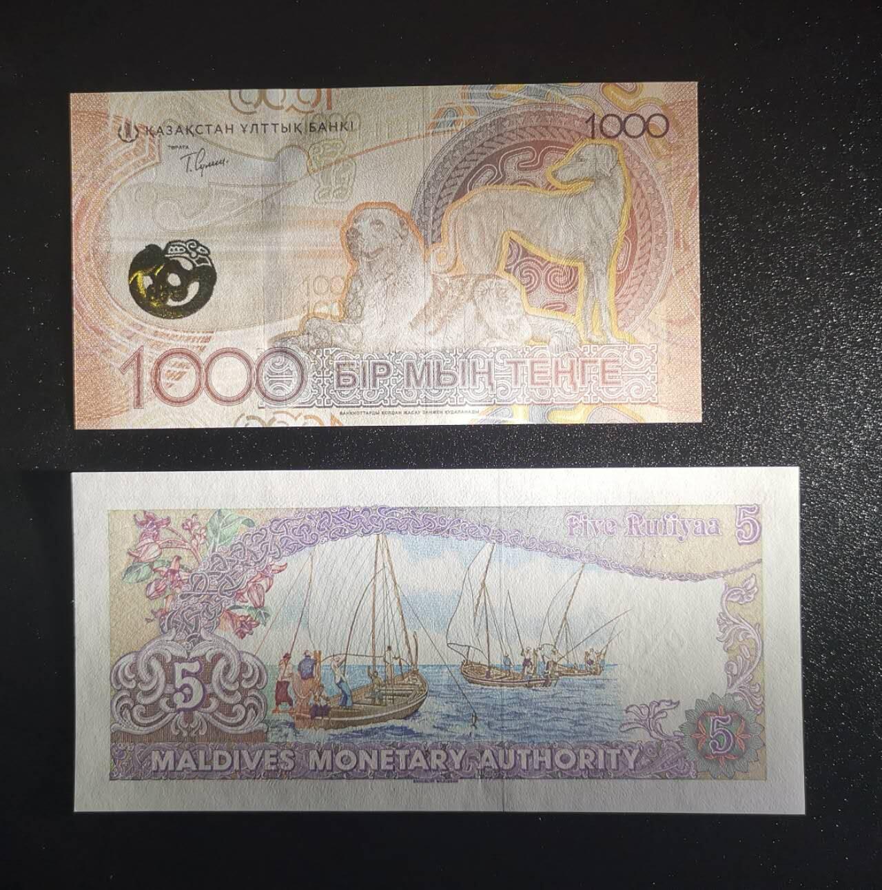 《艾美收藏》第238期-3.29周日外币畅拍场 (2张全新UNC)哈萨克斯坦2024年AA冠1000坚戈 豹子号999&马尔代夫1983首年首发A冠5拉菲亚 帆船系列