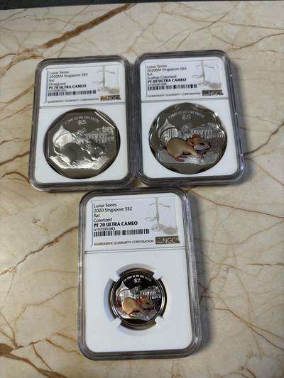 第194期拍卖 - 新加坡2020年十二生肖鼠年银币3枚套NGC-PF69一枚，PF70-2枚，1盎司/1盎司/1/4盎司，999银，发行2000套