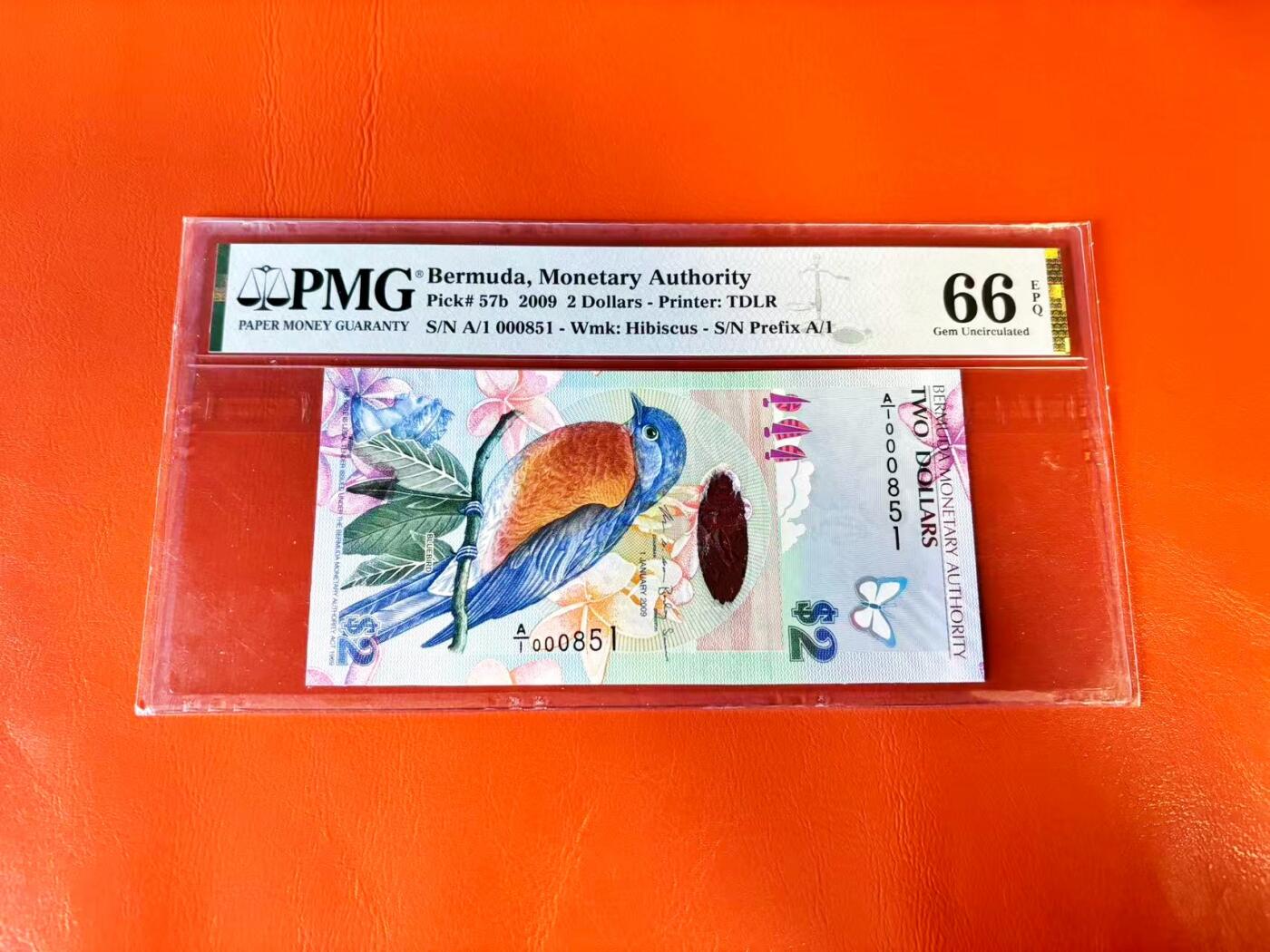 【Blue Auction】世界纸币精拍第801期——18级TOP拍卖/信誉/品质/专业/高效💫 【A/1冠 851百位小号 获奖钞】百慕大 2009年2元 PMG66EPQ 蓝鸟