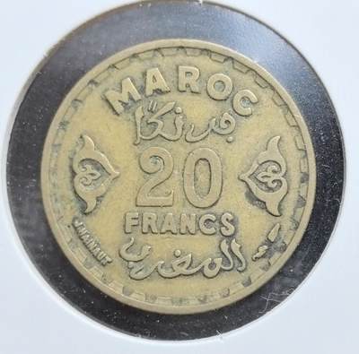 外国优质老铜币银币苏联纪念章，每周六晚九点倒数截拍，满百包邮可寄存，持续收拍 - 法属摩洛哥1371年（公元 1951 年）20 法郎铜币，正面为双语面值与国名，背面是摩洛哥五角星国徽与回历年份，伊斯兰纹饰浓郁，见证摩洛哥保护国时期，是北非殖民与本土文化交融的珍贵实物见证，收藏辨识度高。