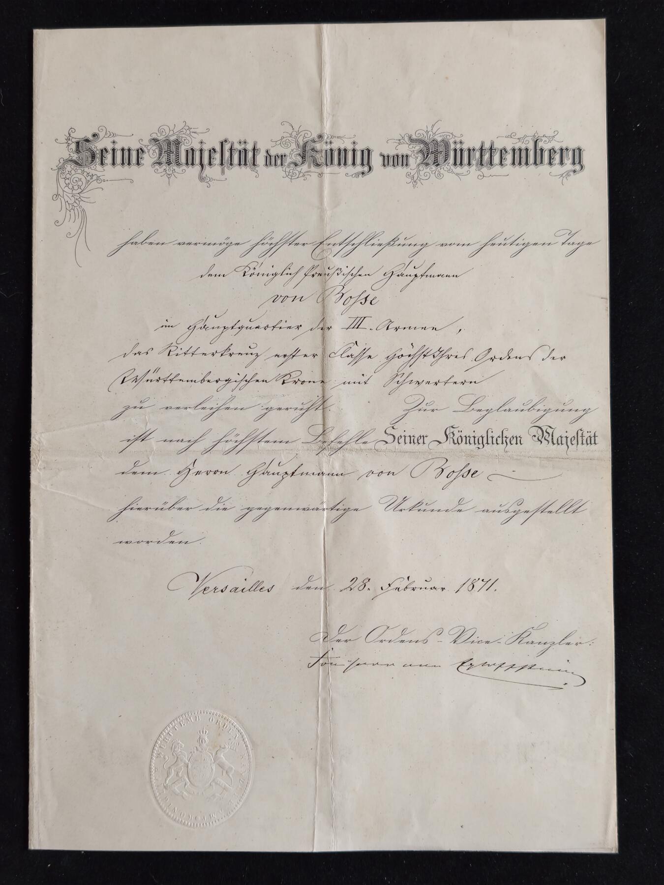 凯旋世界勋赏（第23期）（欢迎送拍）（对拍品有疑问请询问客服，不接受到手刀，出价默认拍品品相。请认真阅读拍卖规则！出价默认已认可！）（收到货请录制开箱视频，无视频概不处理问题。） 帝德 符腾堡王国 一级骑士带剑符腾堡王冠勋章 证书 符腾堡国王签发，由勋章副大臣 冯 托费尔男爵 亲笔签名颁发 1871年 在凡尔赛前线颁发给身处于第三军团司令部的 博塞大尉