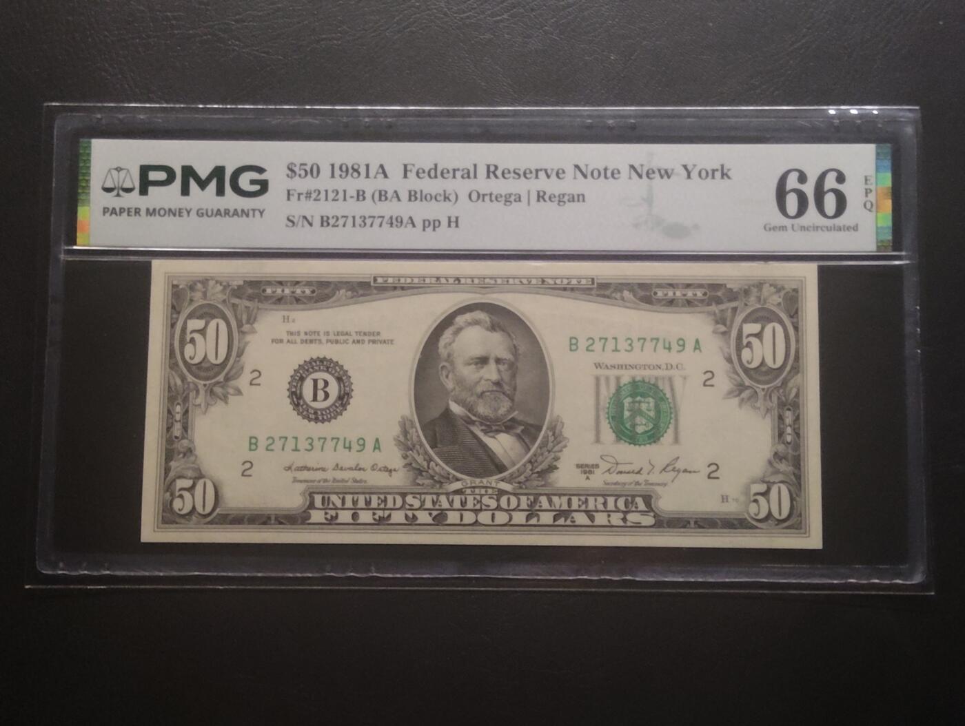 2026三月第四期，总221期 【亚军分仅一张更高】美国1981A年版50元PMG66epq 纽约州纽约联邦储备区印刷