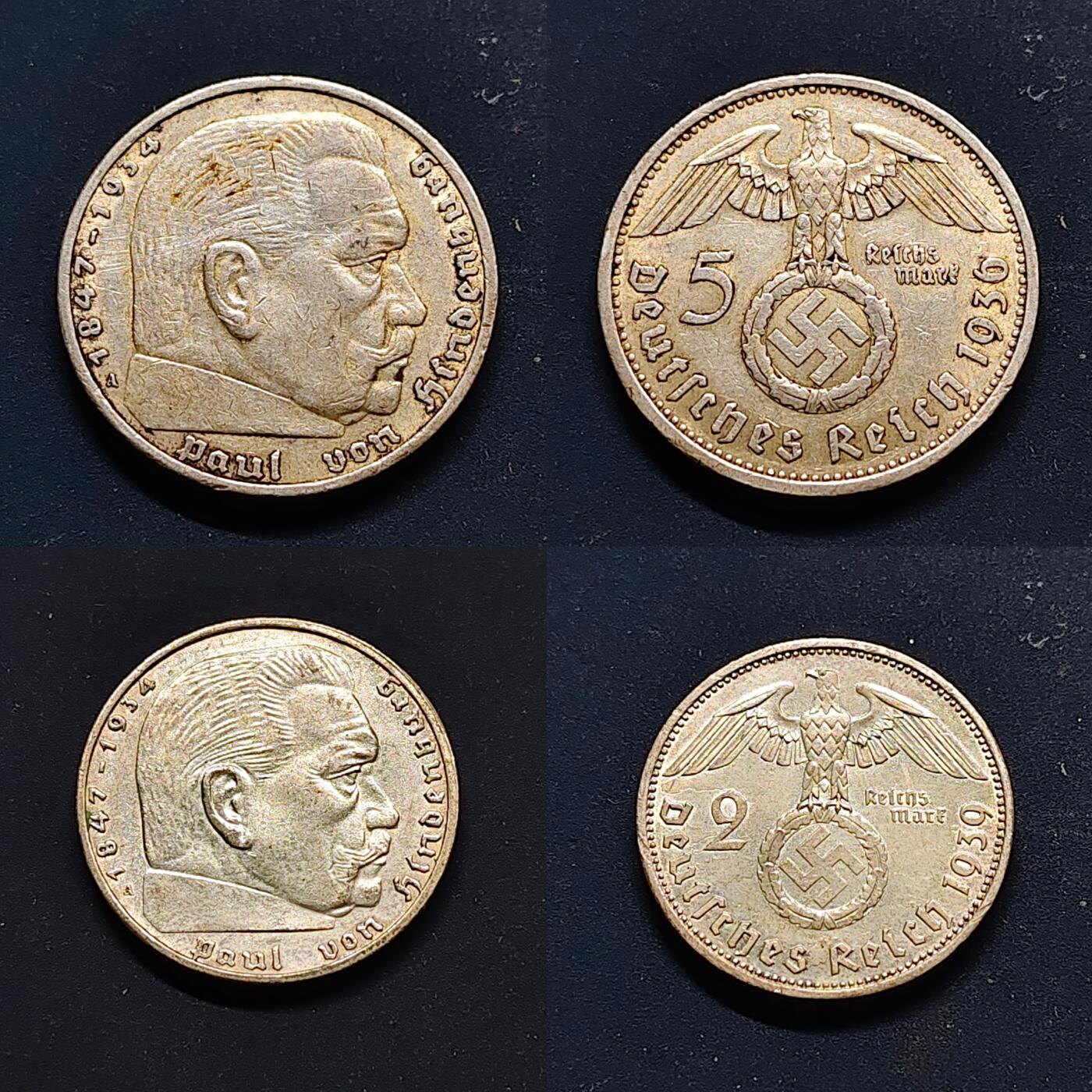 【全场包邮】纯粹捡漏拍517场 德国第三帝国1936-1939年2-5马克银币2枚一组-2马克【25毫米8克62.5%】+5马克【29毫米13.88克90%】