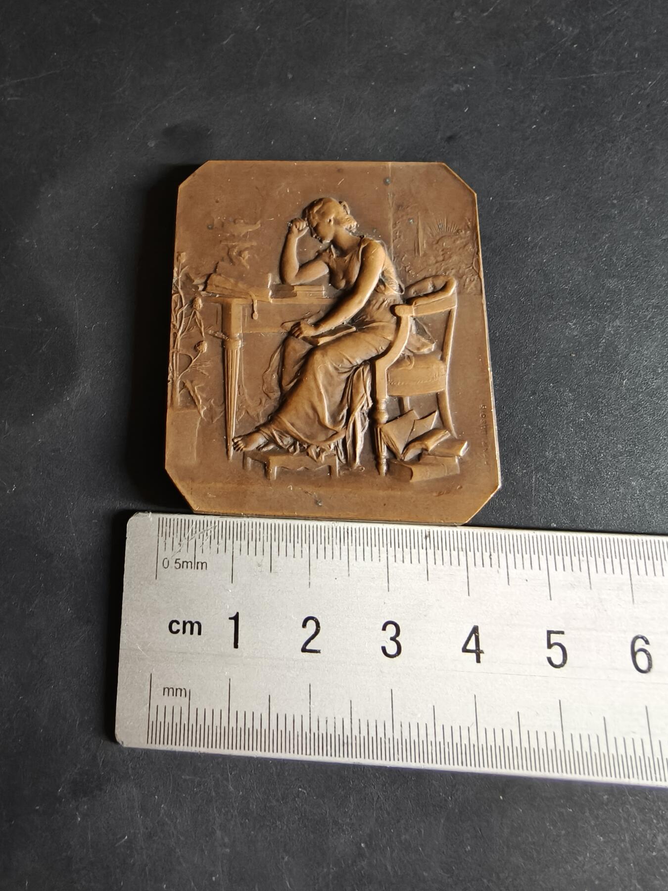 老王徽章第190期 法国埃夫勒中学成立50周年方形大铜章    正面描绘了在书桌上思考的女性    大师亨利·杜布瓦作品     尺寸45×52mm     重量60g