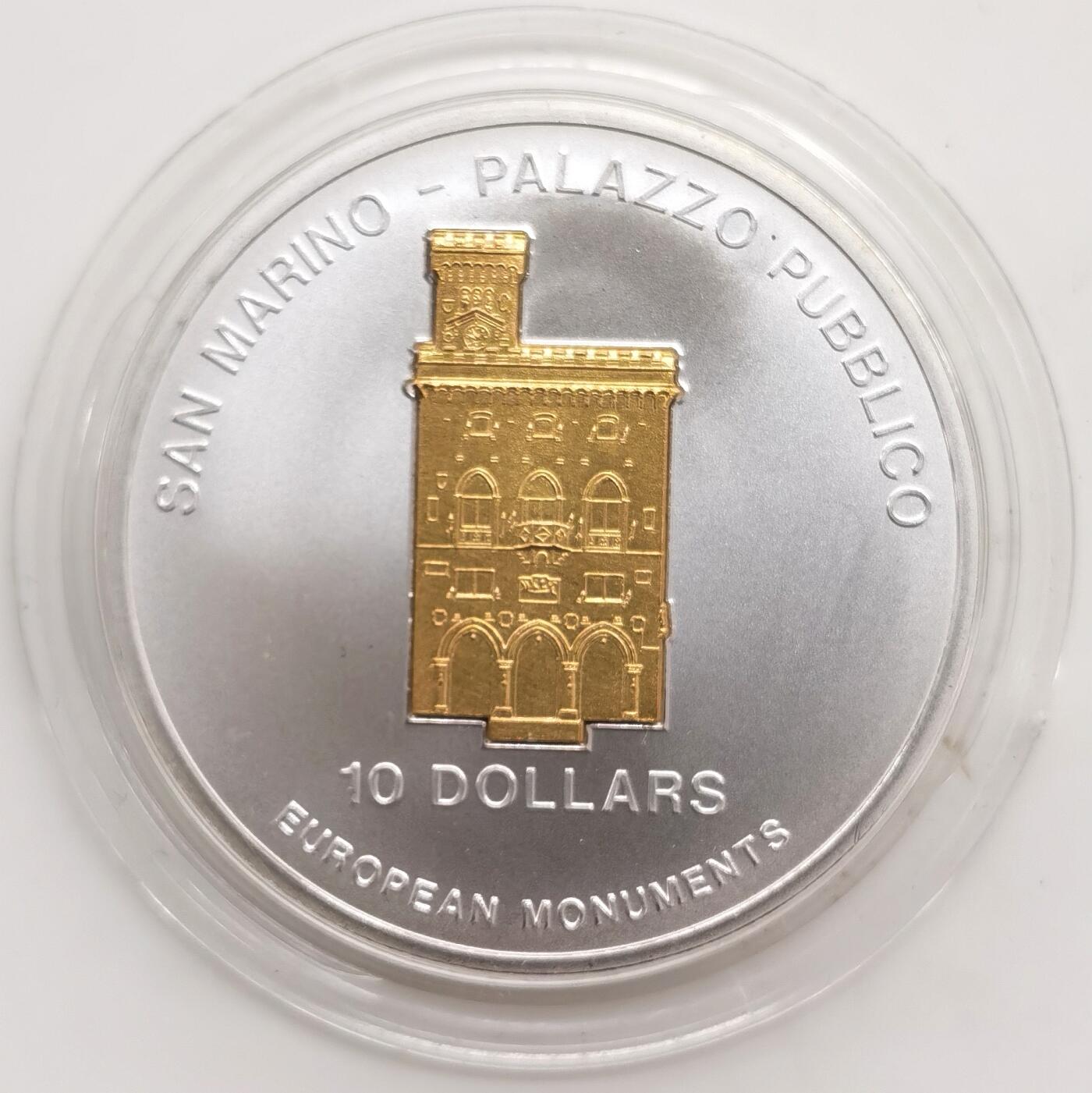 博洋堂“芳菲春韵”3月精品大拍专场暨第166期（全场包邮） 瑙鲁2005年10元带镀金插件反向精制银币 欧洲地标-公共宫（圣马力诺） 1盎司999银 发行量：2千