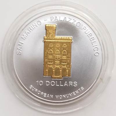 博洋堂“芳菲春韵”3月精品大拍专场暨第166期（全场包邮） - 瑙鲁2005年10元带镀金插件反向精制银币 欧洲地标-公共宫（圣马力诺） 1盎司999银 发行量：2千