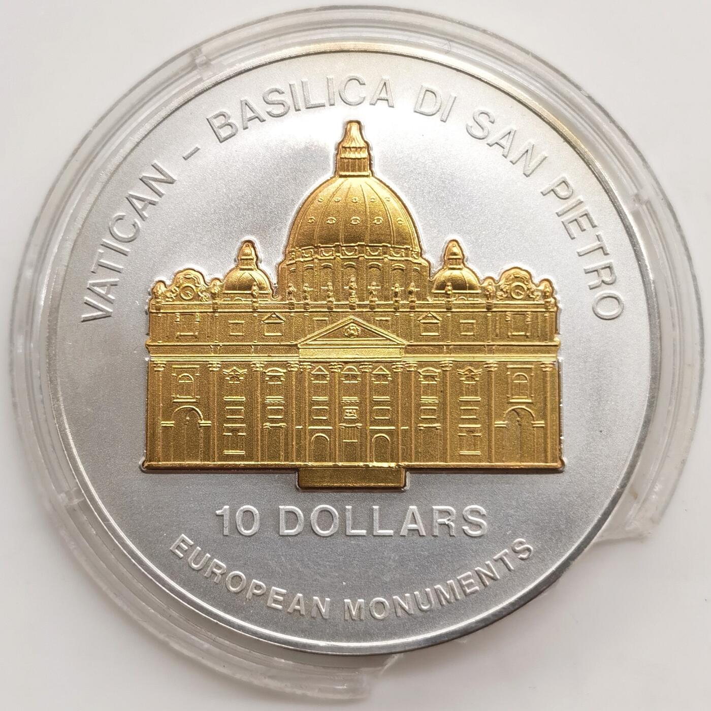 博洋堂“芳菲春韵”3月精品大拍专场暨第166期（全场包邮） 瑙鲁2003年10元带镀金插件反向精制银币 欧洲地标-圣彼得大教堂（梵蒂冈） 1盎司999银 发行量：5千