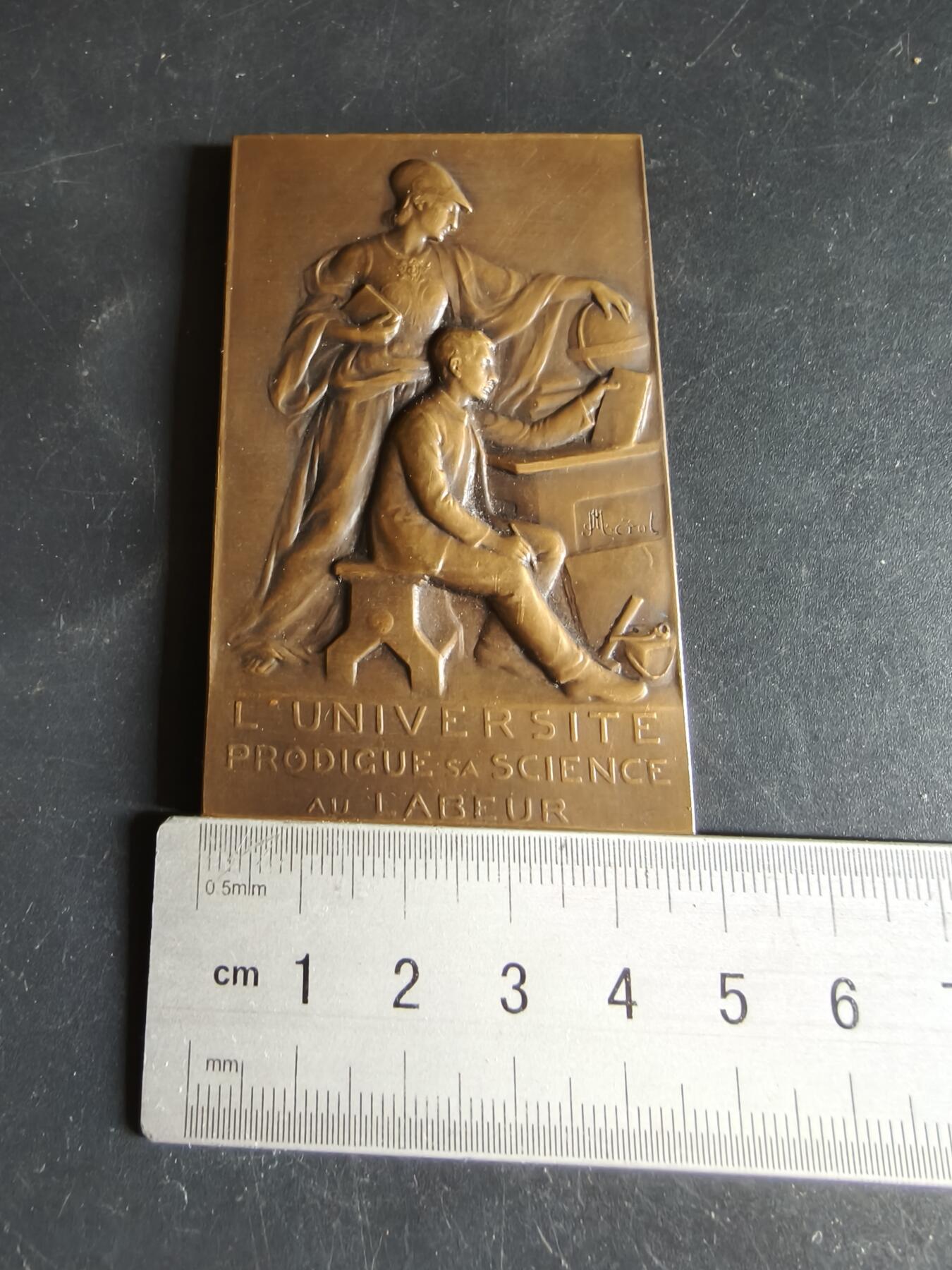 老王徽章第190期 法国克莱蒙费朗科学与文学教育方形大铜章      原盒     梅洛作品     尺寸48×75mm     重量117.2g