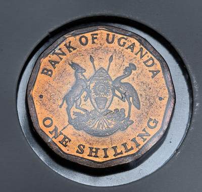 外国优质老铜币银币苏联纪念章，每周六晚九点倒数截拍，满百包邮可寄存，持续收拍 - 乌干达1987年1先令铜币，十二边形形制独特，国徽绘有灰冠鹤与羚羊，背面棉枝与咖啡果纹饰尽显非洲农业风情，铜色包浆温润，是小众非洲钱币收藏的趣味之选。