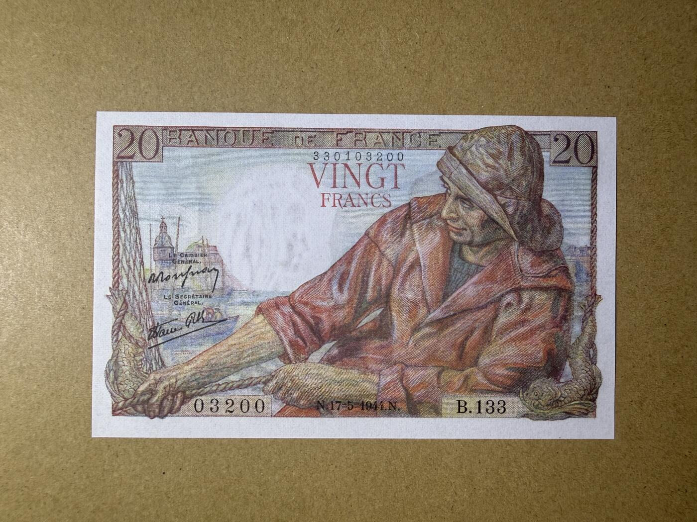 《艾美收藏》第238期-3.29周日外币畅拍场 法国20法郎 UNC 1944年老版本 无47