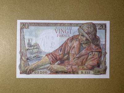 《艾美收藏》第238期-3.29周日外币畅拍场 - 法国20法郎 UNC 1944年老版本 无47