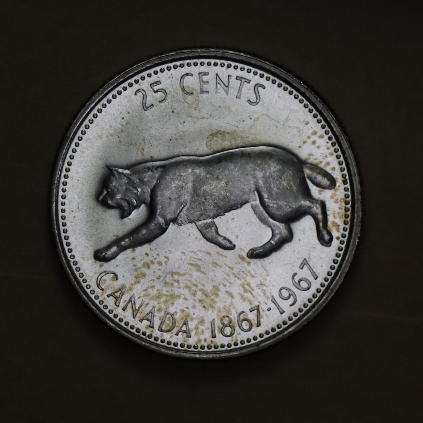 观钱 近现代机制币拍卖No.006（全场顺丰包邮，不区分偏远地区）  加拿大 1967 年联邦百年 25 分猞猁纪念银币 卷拆全新未使用