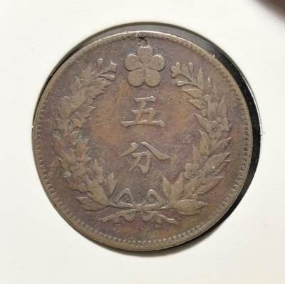 外国优质老铜币银币苏联纪念章，每周六晚九点倒数截拍，满百包邮可寄存，持续收拍 - 大朝鲜开国五百五年五分铜币，正面为五爪龙纹与英文面值，背面是朝鲜国花无穷花及 “五分” 字样，是朝鲜王朝末期向近代过渡的货币见证，包浆自然，极具东亚近代史收藏与研究价值。