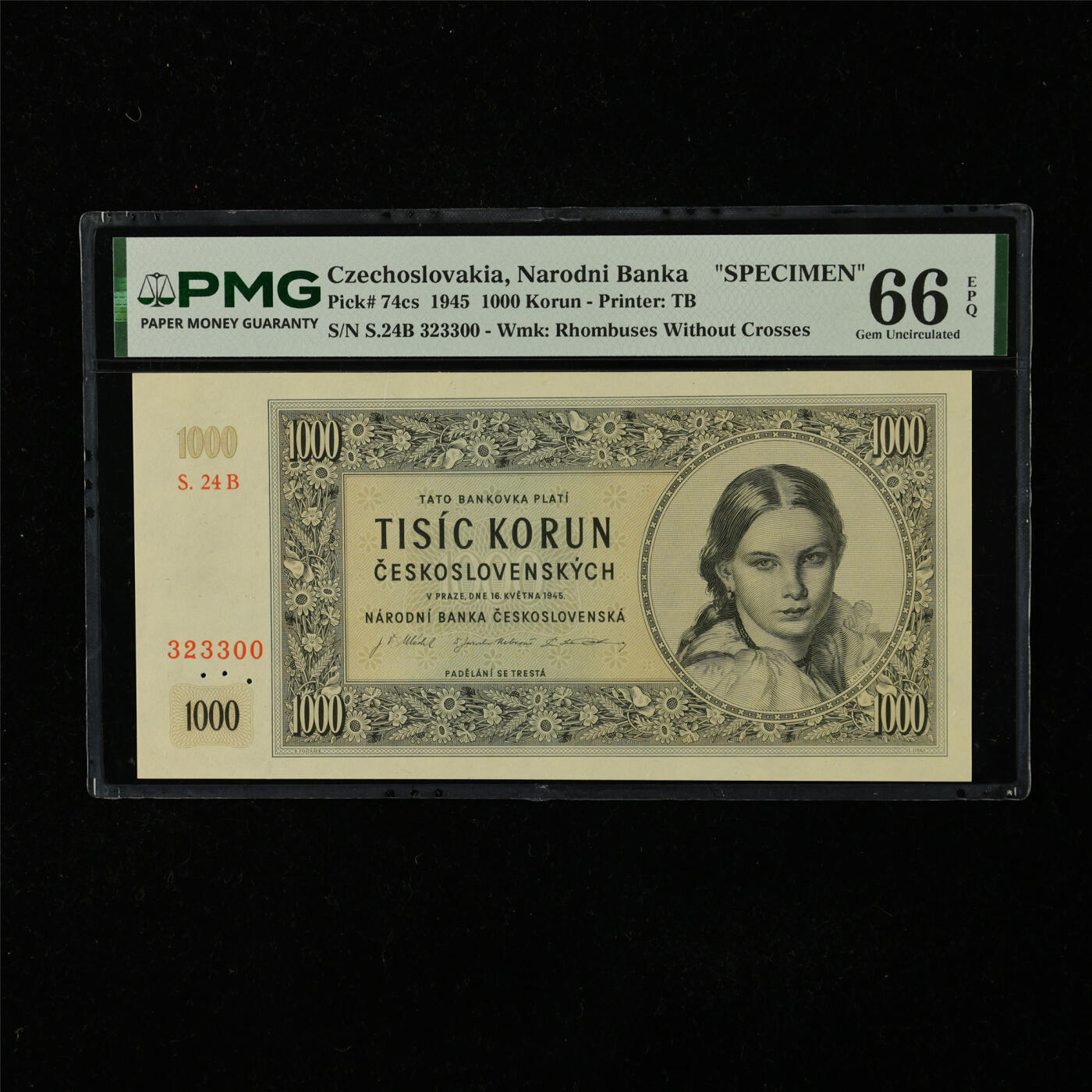 【亘邦集藏】第224期拍卖 1945年 捷克斯洛伐克国家银行样钞1000克朗 PMG 66EPQ S.24B 323300