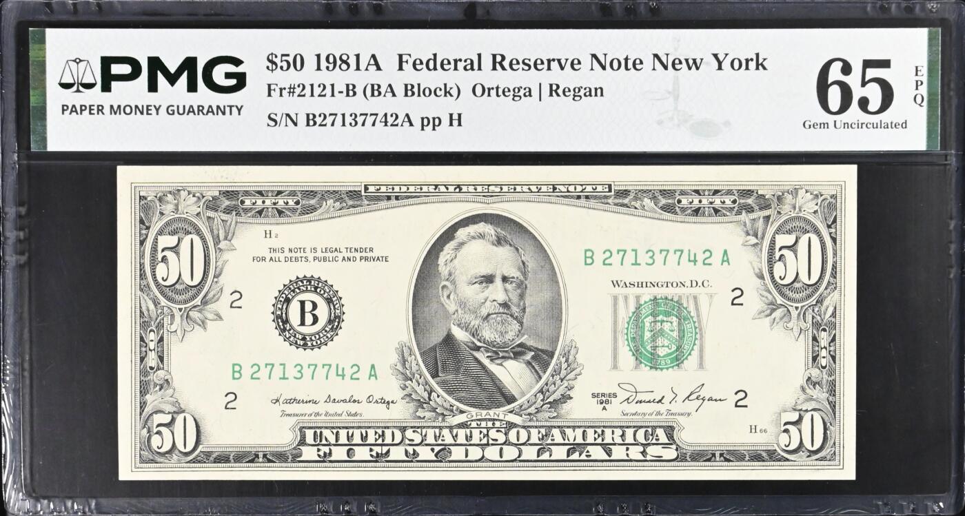 《艾美收藏》第238期-3.29周日外币畅拍场 美国50美元 PMG65E 1981年