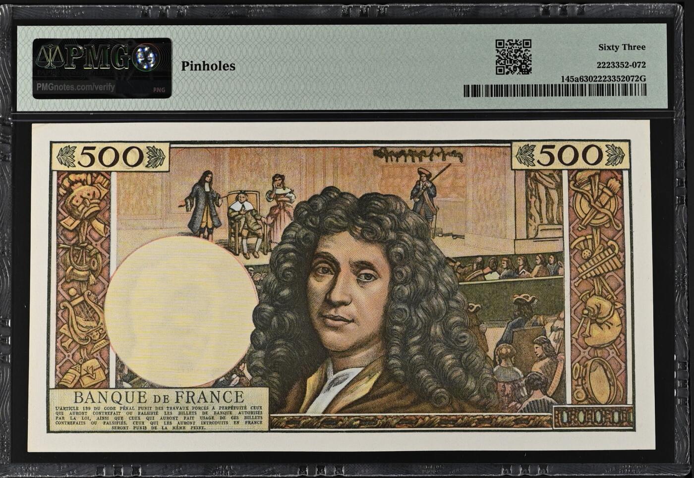《艾美收藏》第238期-3.29周日外币畅拍场 法国1964年500法郎PMG63无4 Pick#145a初版首签难得 背面标注Pinholes有针孔 代表着法兰西精神的喜剧作家莫里哀