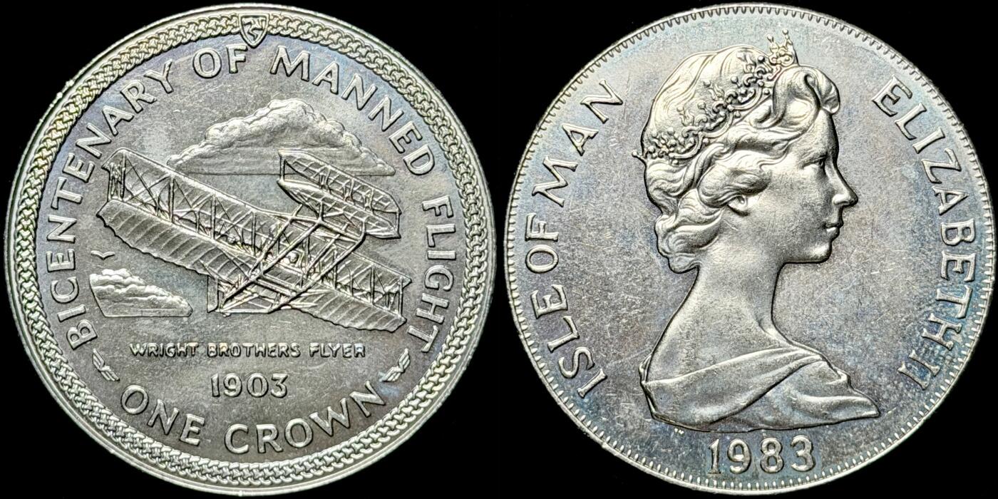 ＜星葵🌻钱币社＞第72期·东奔西走的硬币·3月31日发货 马恩岛1983年载人飞行200周年·莱特飞行器1克朗纪念币