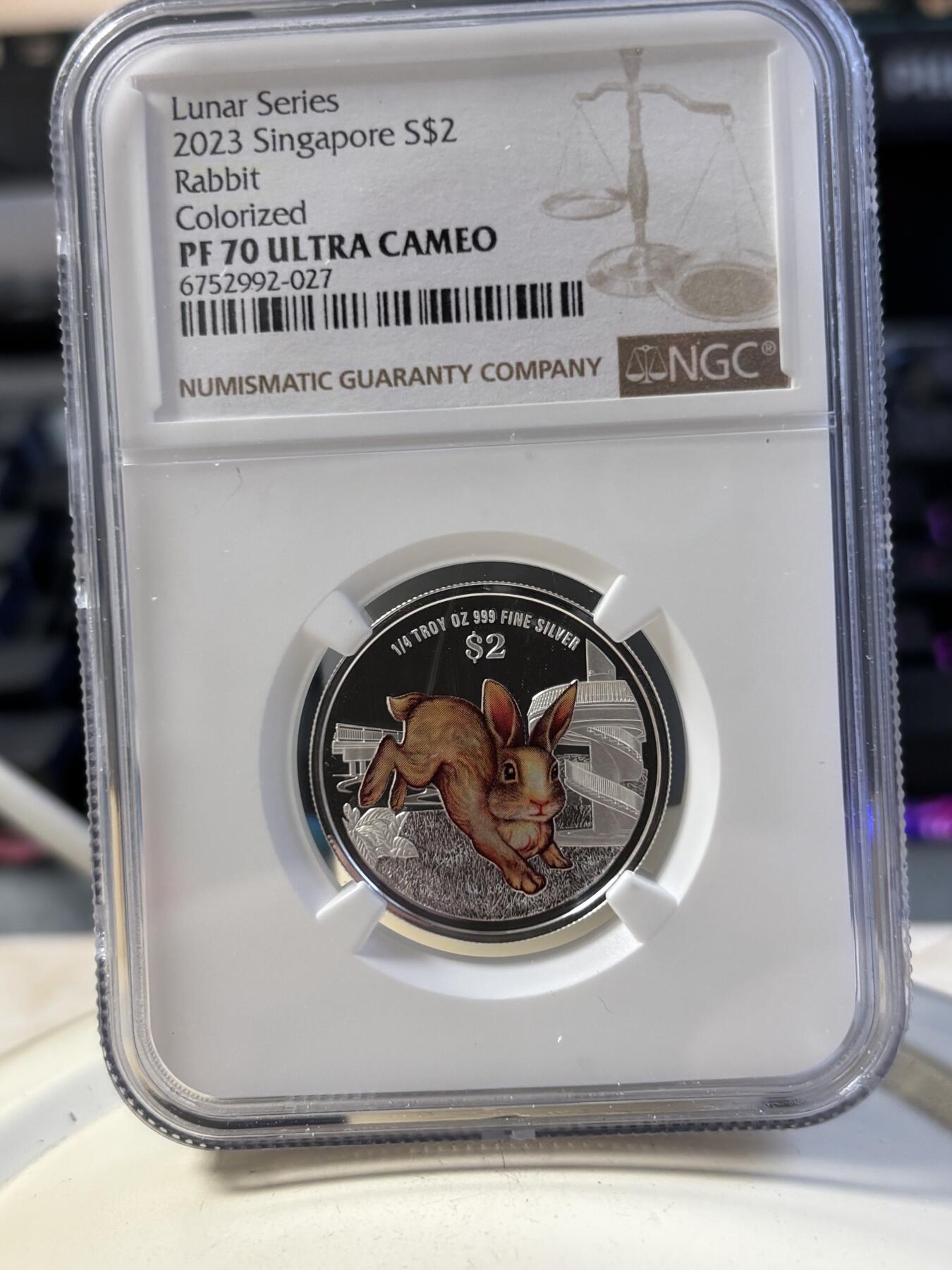 第194期拍卖 新加坡2023年十二生肖兔年银币3枚套NGC-PF70，1盎司/1盎司/1/4盎司，999银，发行2000套，无盒证