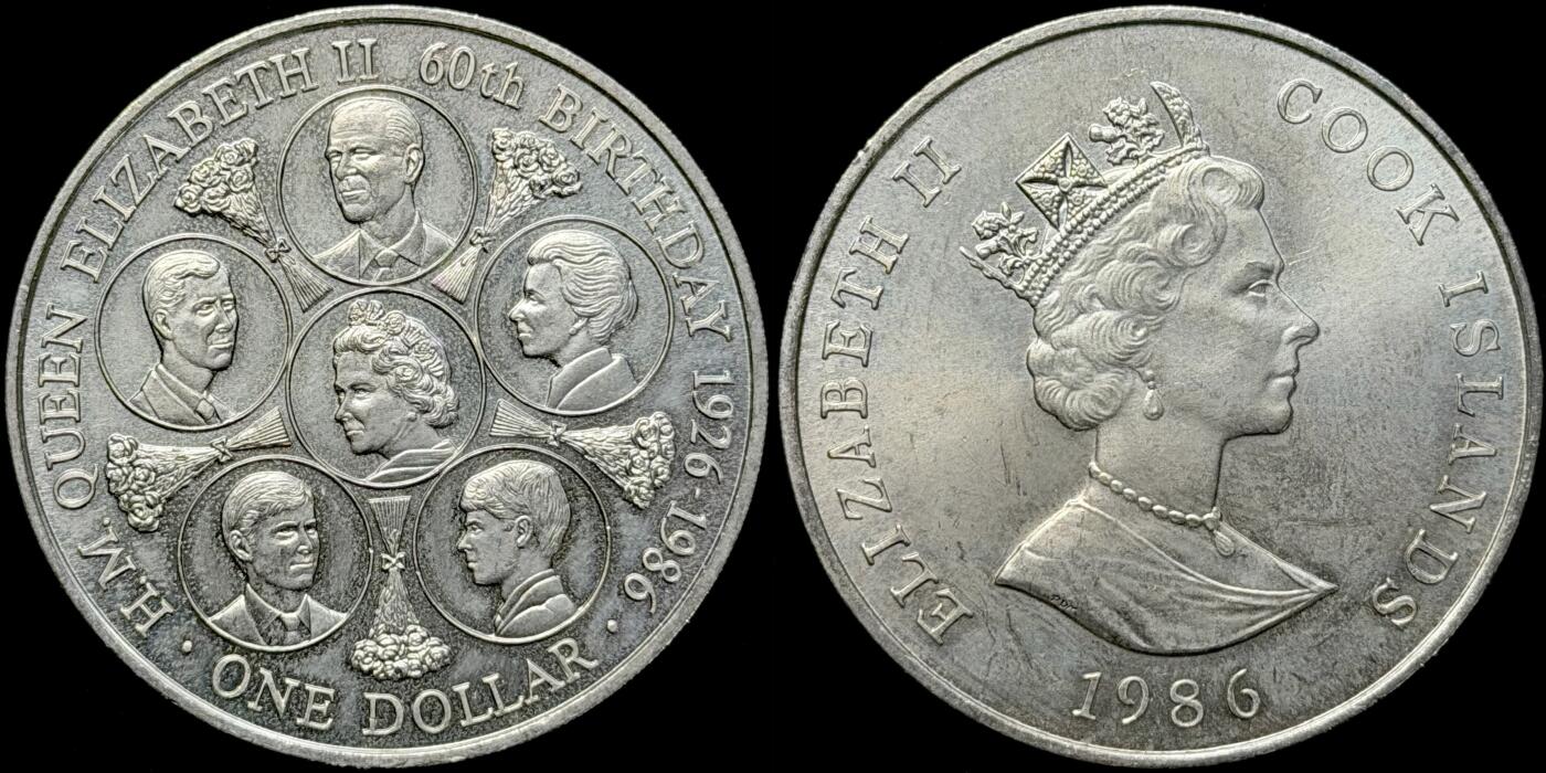 ＜星葵🌻钱币社＞第72期·东奔西走的硬币·3月31日发货 〈发行量20000〉库克群岛1986年女王诞辰60周年1元克朗型纪念币