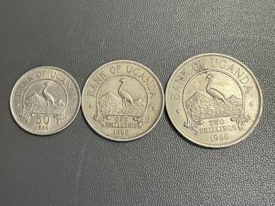 回流0328 - 乌干达1966年版50分、1先令、2先令 灰鹳鹤