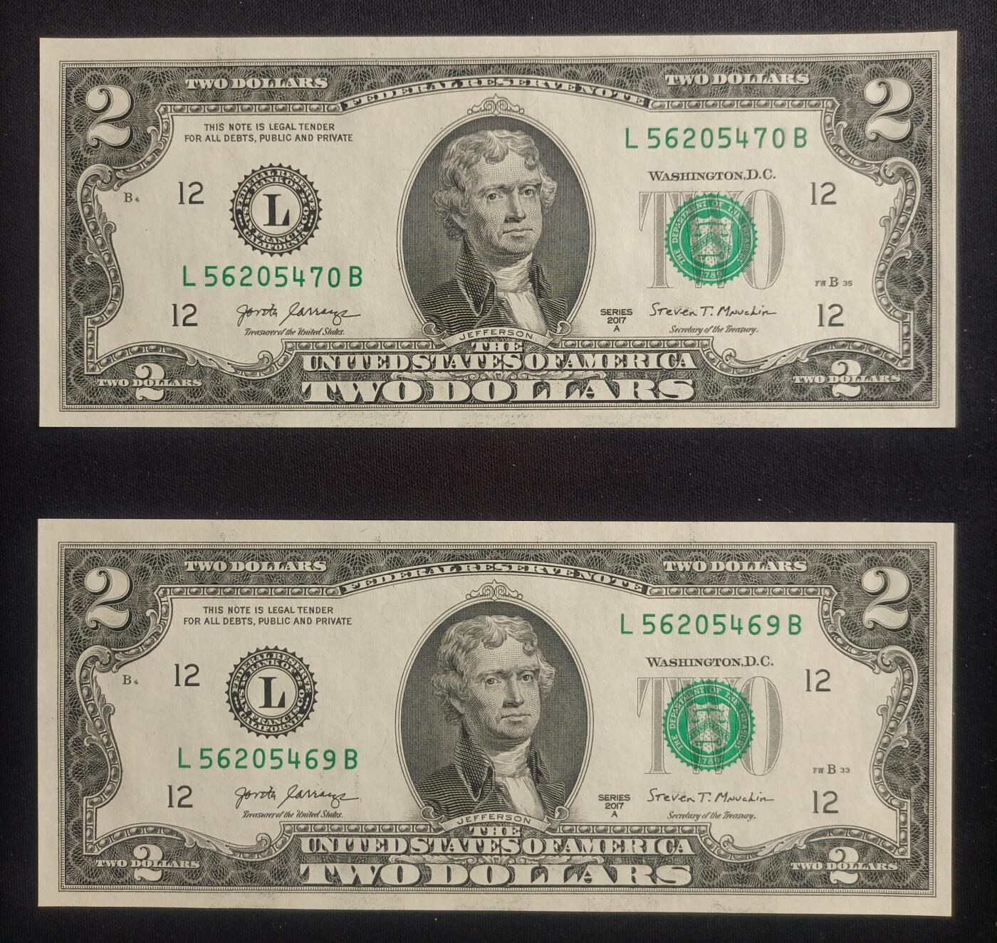 【游宝包邮场】马年第16期 好品组钞场 周六截拍 美国-2美元【五连号 SERIES-2017A L56205466~470 全新UNC】