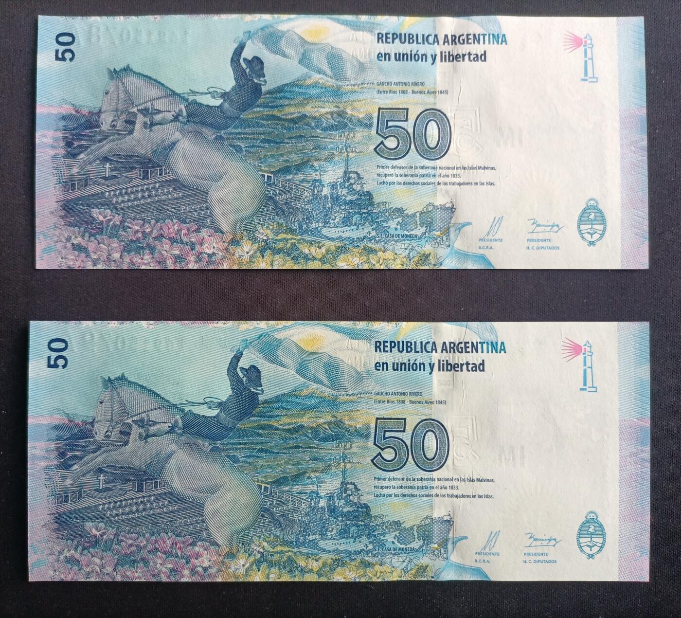 【游宝包邮场】马年第16期 好品组钞场 周六截拍 阿根廷-50比索【二连号 全新UNC】