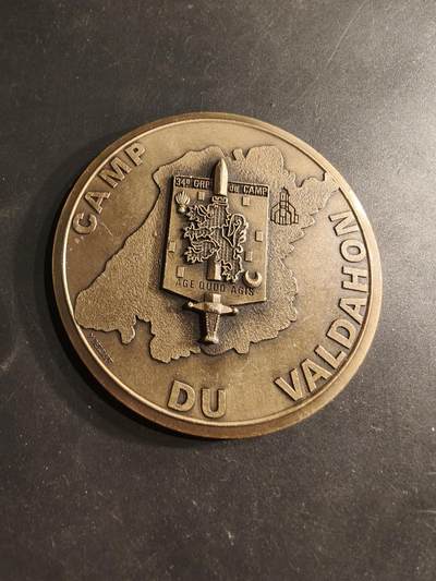 老王徽章第190期 - 法国瓦勒多恩军事训练营纪念章     直径70mm    重量105.6g     瓦勒多恩营地是法国重要的军事训练基地，历史悠久，主要用于装甲部队和炮兵的训练。