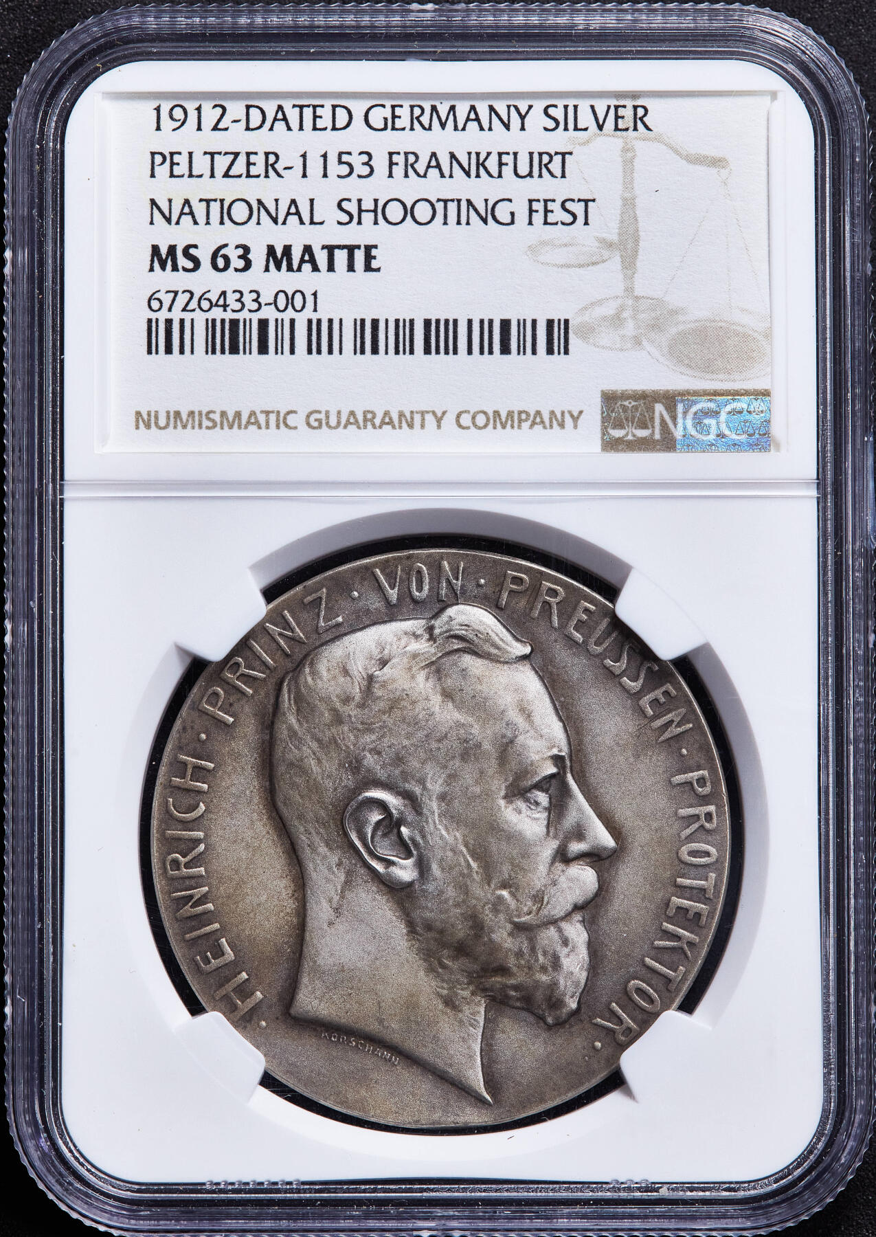 【俄甄集藏】2026年(050)04-01星期三 晚 19:30 全场包邮 德国1912年海因里希亲王头像纪念法兰克福第十七届联邦射击节暨金禧大银章，NGC MS63MATTE，黄油彩老包浆，高浮雕，名誉品种