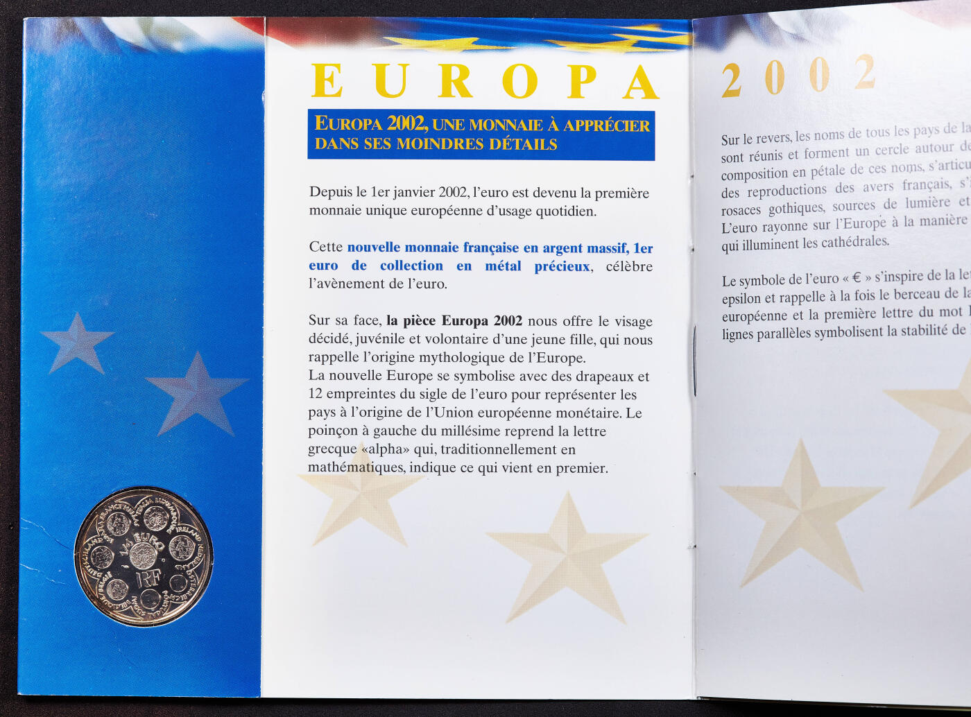 【俄甄集藏】2026年(050)04-01星期三 晚 19:30 全场包邮 法国2002年纪念欧盟欧元单一合法硬币实施1/4欧元卡装银币，重13克，900银，发行量20000枚