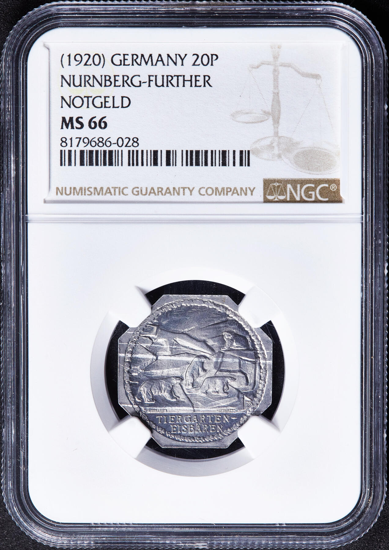 【俄甄集藏】2026年(050)04-01星期三 晚 19:30 全场包邮 德国1920年紧急时期纽伦堡-菲尔特20芬尼动物园北极熊代用铝币，NGC MS66，顶级品相，保存难得