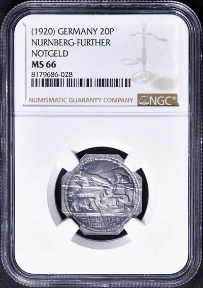 【俄甄集藏】2026年(050)04-01星期三 晚 19:30 全场包邮 - 德国1920年紧急时期纽伦堡-菲尔特20芬尼动物园北极熊代用铝币，NGC MS66，顶级品相，保存难得